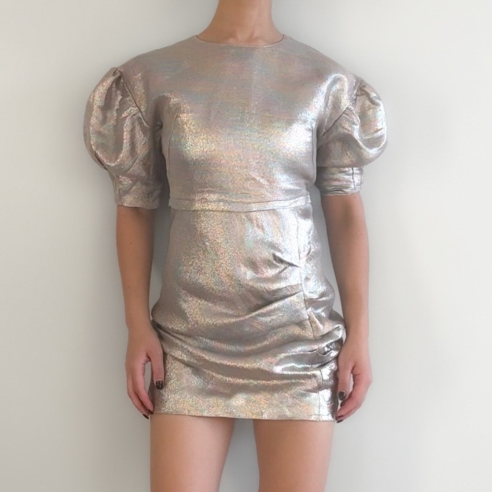 Iridescent Silver Puff-Sleeve Mini Dress
